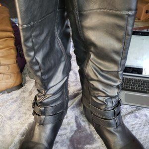 TOP Moda Coco-20 Fashion Buckle Low Heel Round Toe Zipper Knee High Riding Boots